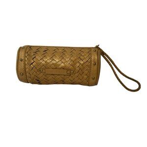 COLE HAAN WRISTLET BAG GOLD LEATHER BARREL BASKETWEAVE WOVEN ZIP TOP STUDS